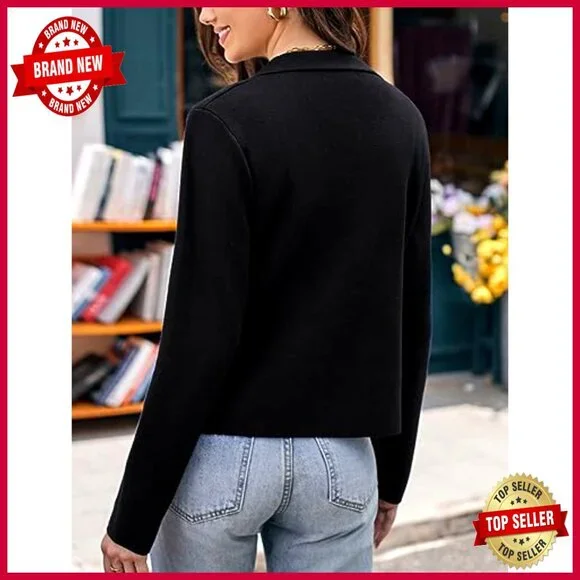 Cropped Knit Blazer Casual Work Chic Lightweight Button Front Sweater Jacket - Picture 5 of 7